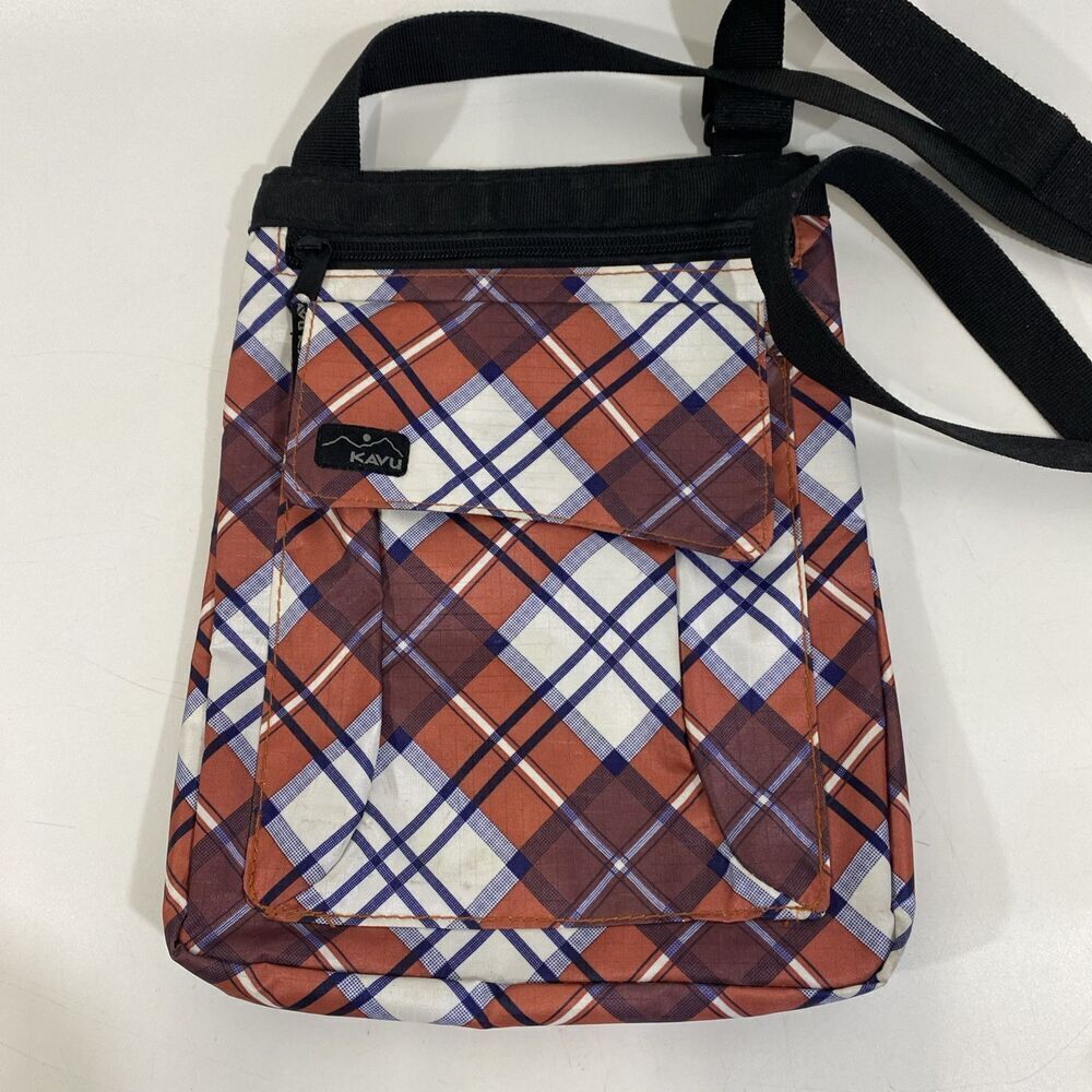 KAVU For Keeps Nylon Orange Blue Plaid Purse‎ Bag Lightweight Crossbody Travel